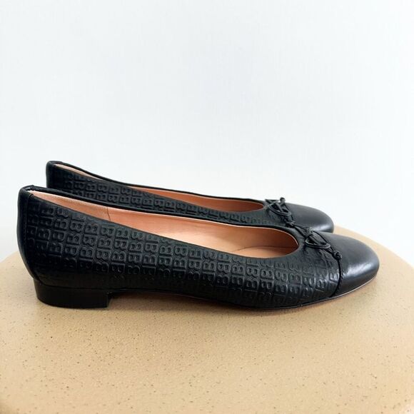 Brooks Brothers Women’s Black Leather Embossed Round Tow Dainty Bow Ballet Flat - Picture 1 of 12